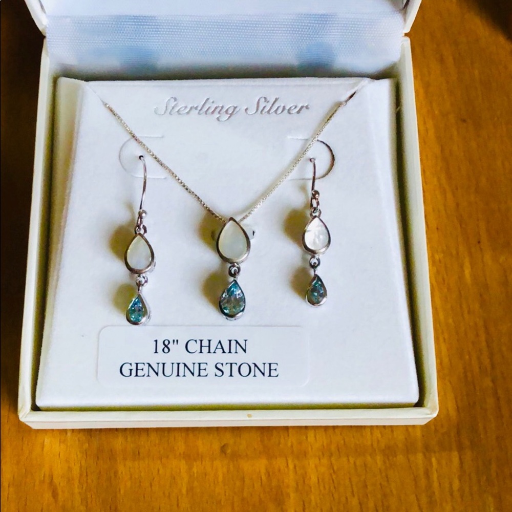 Sterling Silver Teardrop Necklace & Earring Set -Blue Topaz Color & White